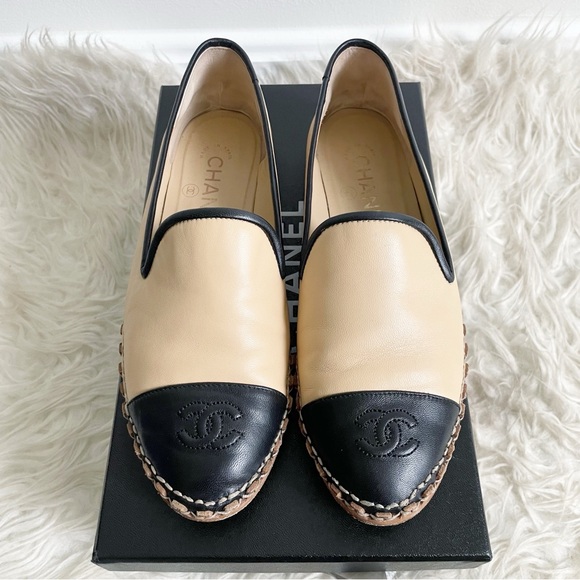 Chanel Lambskin CC Mocassin Loafer Espadrilles 37 Beige Black - Picture 1 of 16